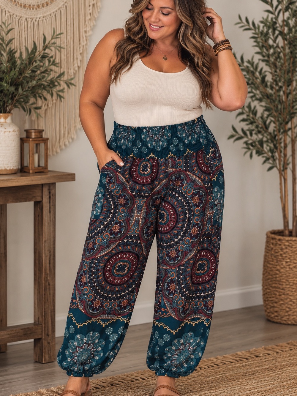 SHEIN Teal Paisley Print Plus-Size Wide-Leg Harem Pants